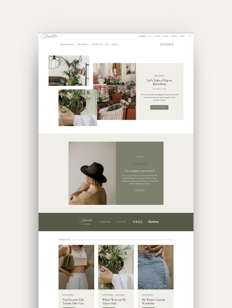 Mockup of the 'Clementine' WordPress theme designed on the Kadence theme, featuring a feminine design with neutral colors, ideal for lifestyle and fashion bloggers looking to showcase their content stylishly