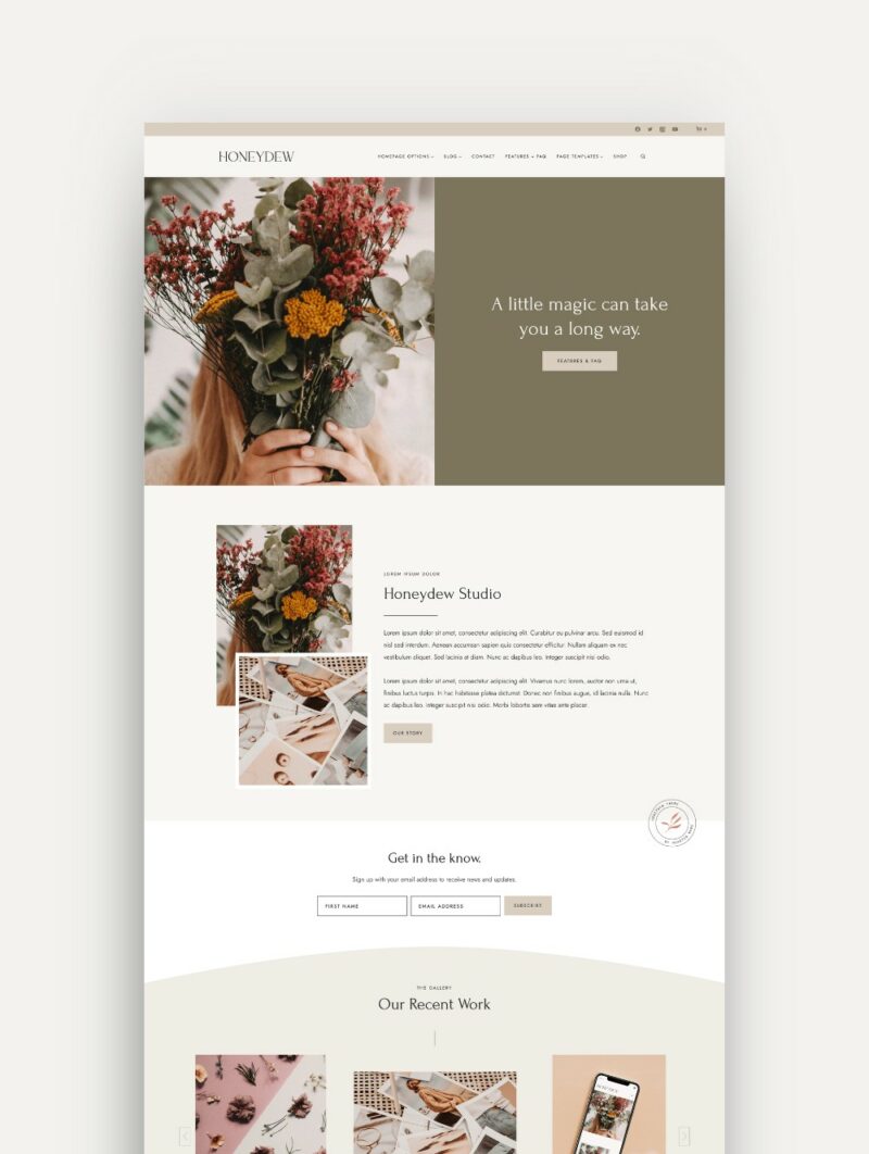 Mockup of the feminine 'Honeydew' WordPress theme alt home page designed on the Kadence theme that is perfect for bloggers and creatives, showcasing a beautiful gallery and portfolio to display their work and creativity