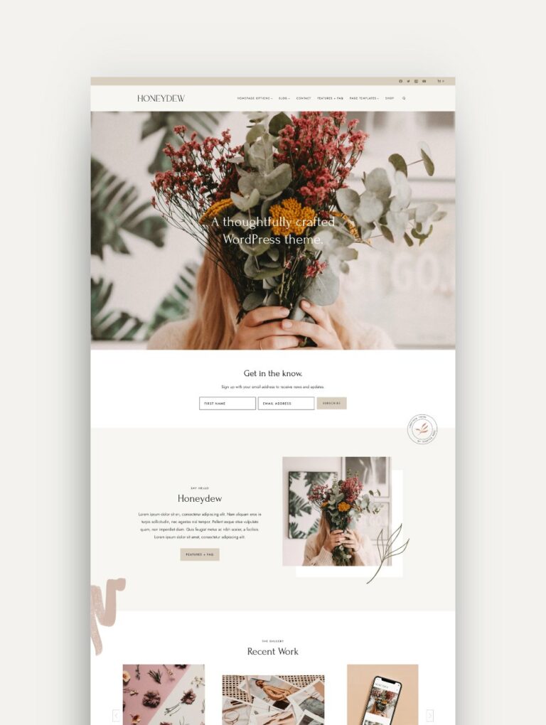 Mockup of the feminine 'Honeydew' WordPress theme designed on the Kadence theme that is perfect for bloggers and creatives, showcasing a beautiful gallery and portfolio to display their work and creativity