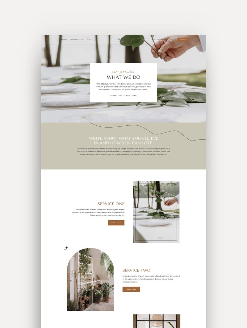 Mockup of the 'Magnolia' WordPress theme Services Page designed on the Kadence theme, showcasing a minimalist and modern design for photographers and event planners