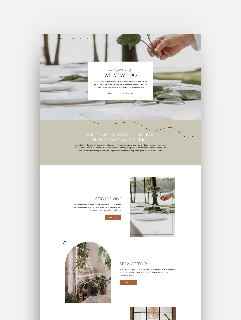 Mockup of the 'Magnolia' WordPress theme Services Page designed on the Kadence theme, showcasing a minimalist and modern design for photographers and event planners