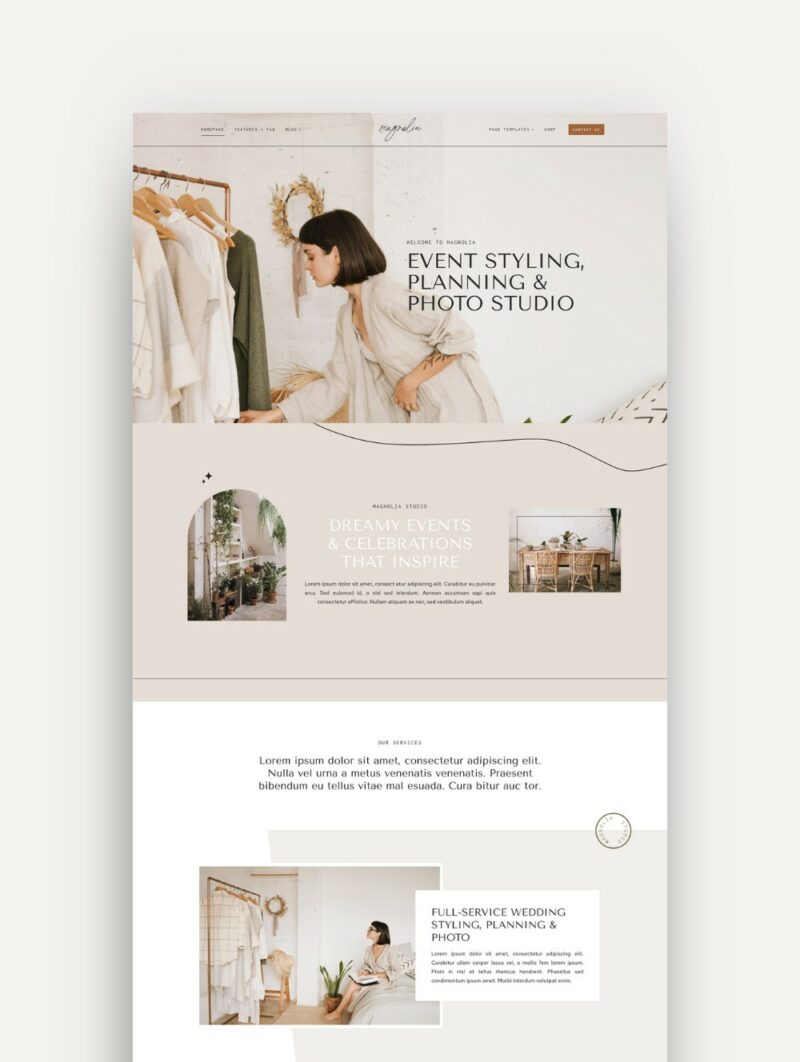 Mockup of the 'Magnolia' WordPress theme designed on the Kadence theme, showcasing a minimalist and modern design tailored for photographers and event planners