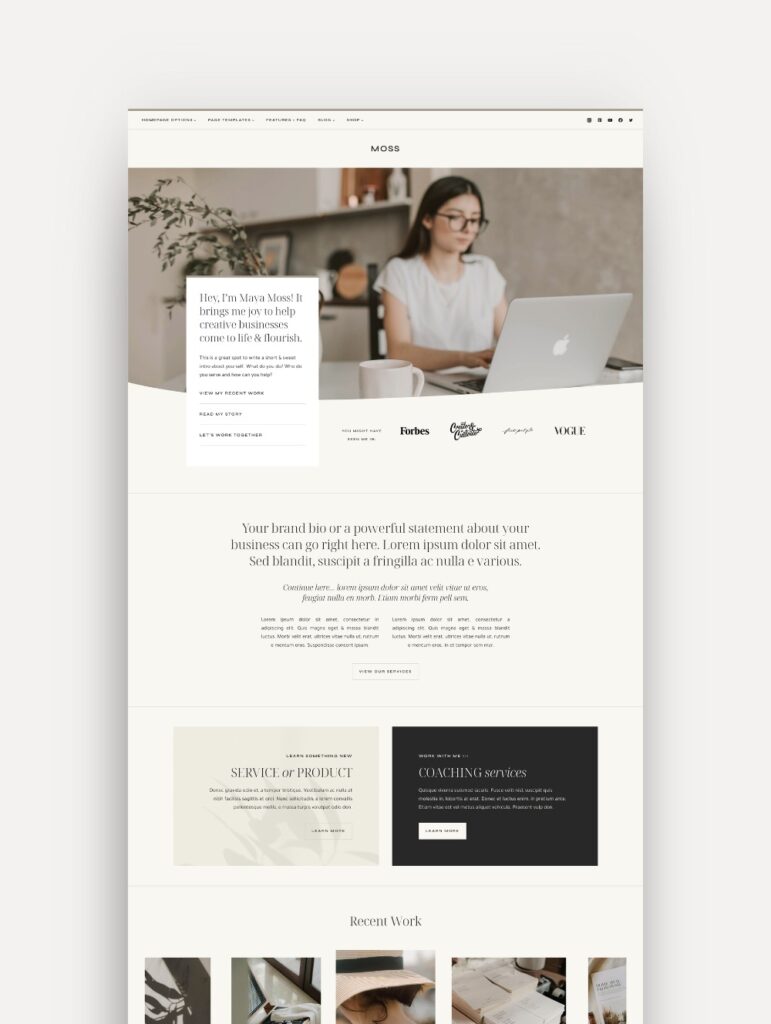 Mockup of the 'Moss' WordPress theme designed on the Kadence theme, showcasing a clean and modern design for creative entrepreneurs, personal brands, and podcasters