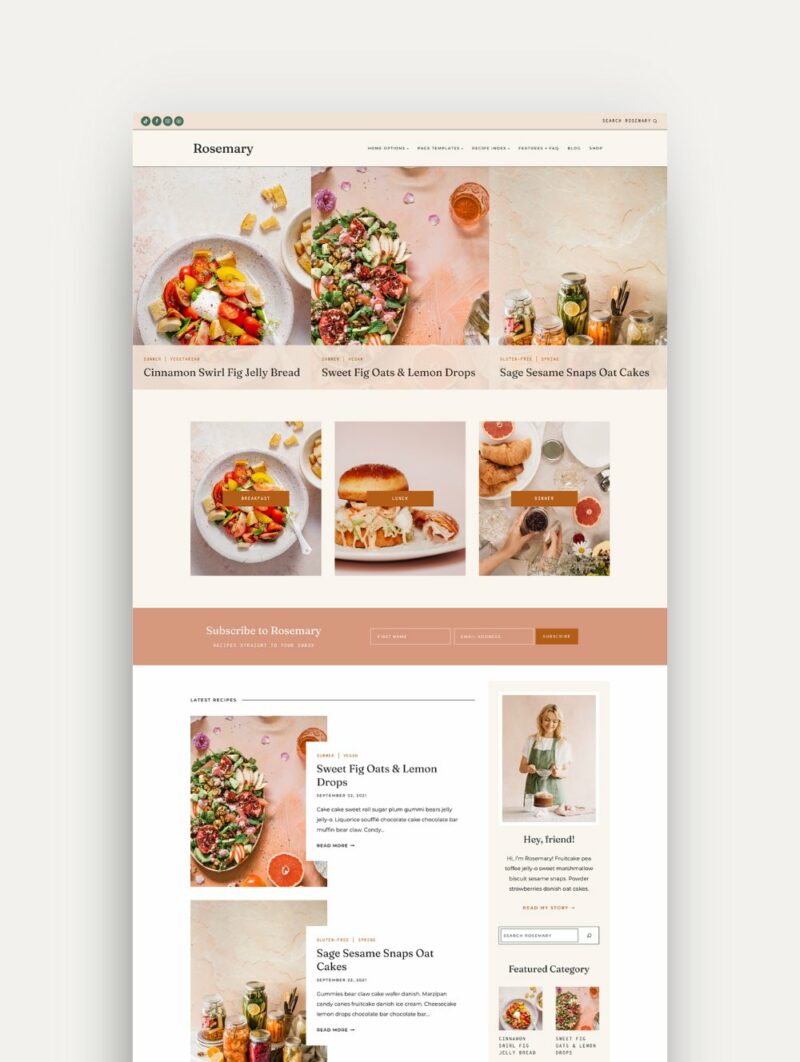 Rosemary Colorful and Fun Food and Recipe Blogger WordPress Theme Mockup on Kadence Theme