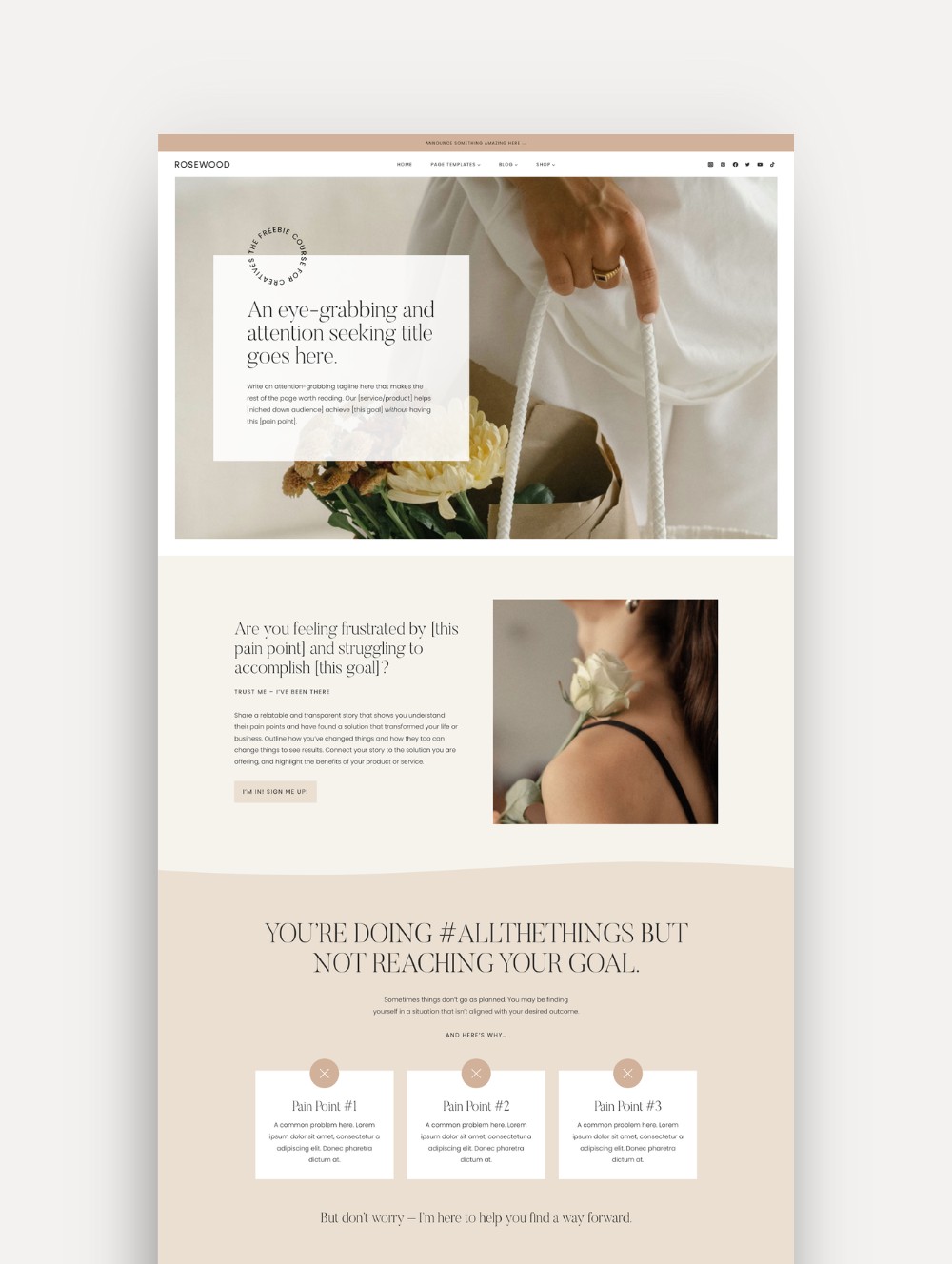 Mockup of a feminine and timeless WordPress theme Sales Page designed on the Kadence theme, showcasing elegant and clean design elements