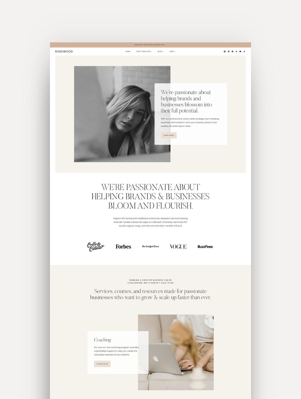 Mockup of a feminine and timeless WordPress theme designed on the Kadence theme, showcasing elegant and clean typography and design elements