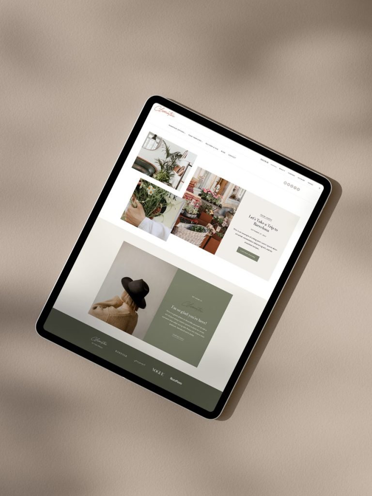 Mockup of the 'Clementine' WordPress theme designed on the Kadence theme, featuring a feminine design with neutral colors, ideal for lifestyle and fashion bloggers