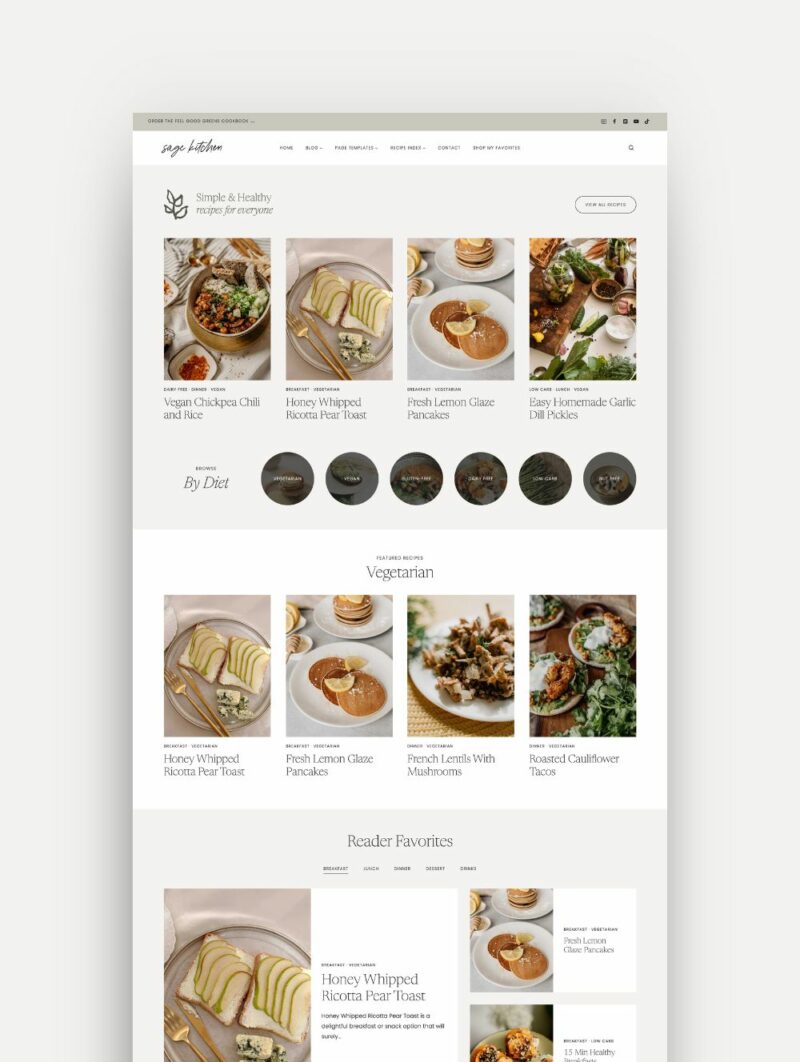 Mockup of the Sage WordPress Theme Built on Kadence for Food Bloggers | Clean, Modern Design with Neutral Colors