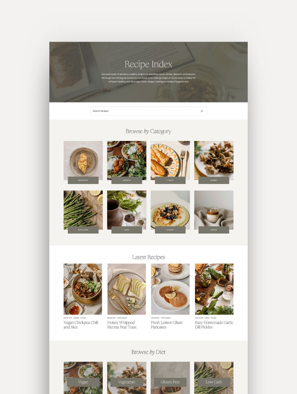 Mockup of the Sage WordPress Theme Recipe Index Page, for Food Bloggers | Clean, Modern Design with Neutral Colors