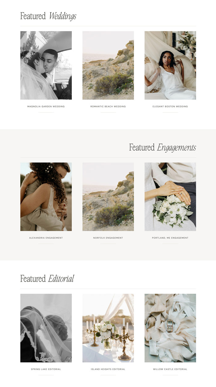 Portfolio page with sections of galleries of the Haven WordPress theme for photographers built on Kadence