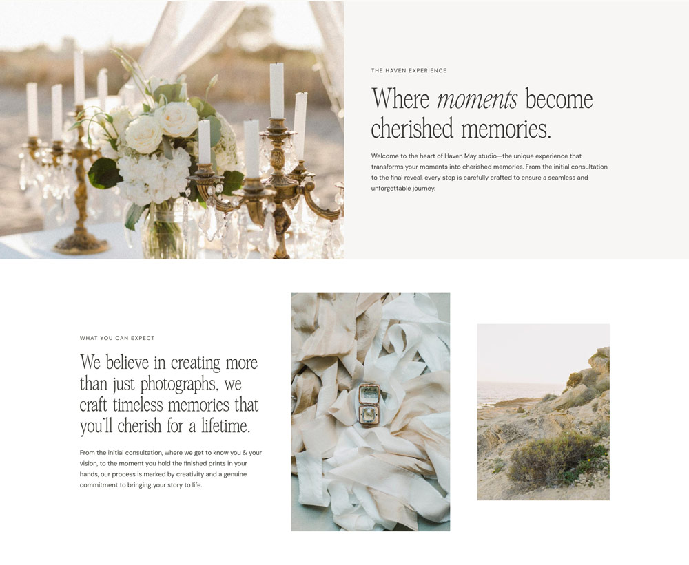 Experience page section of the Haven WordPress theme for photographers built on Kadence