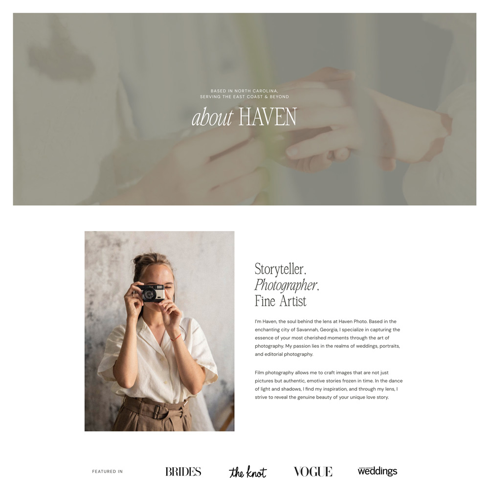 About page section of the Haven WordPress theme for photographers built on Kadence