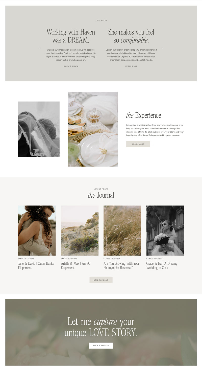 Homepage page section of the Haven WordPress theme for photographers built on Kadence