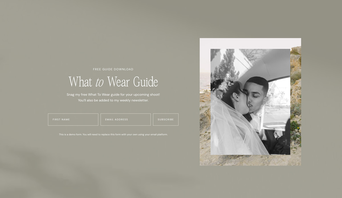 Opt-in Freebie page of the Haven WordPress theme for photographers built on Kadence